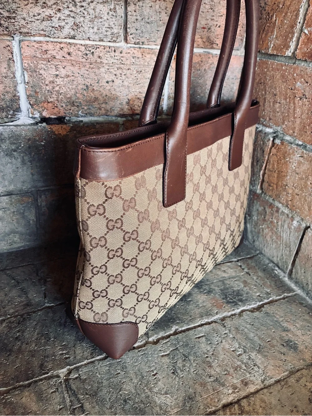 🤎 Gucci GG Logo Canvas Leather Tote Bag Brown Beige